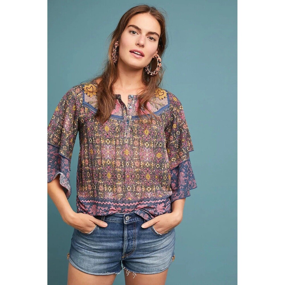 Anthropologie Postmark Blouse S  Boho peasant Embroidered Flounce Sleeves